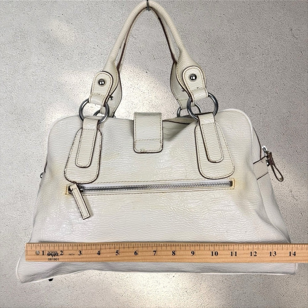 Vtg Y2K 2000s Guess Embossed Top Handle Tote Bag Purse Ivory Cream Big G Buckle - Picture 6 of 7